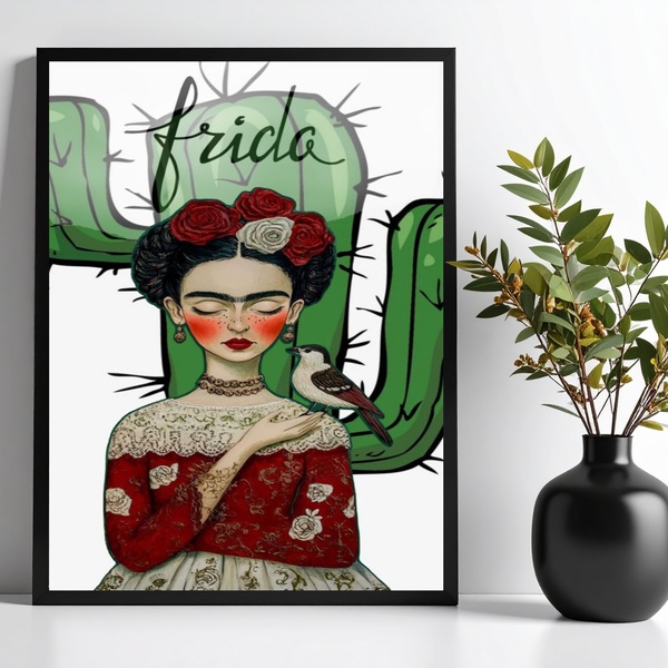 Quadro Frida Com Cacto E Passarinho 33x24cm - Com Vidro Moldu