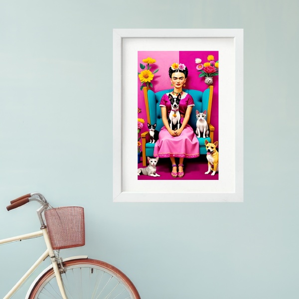 Quadro Frida Com Gatos E Cachorros - 60x48cm Moldura Preta