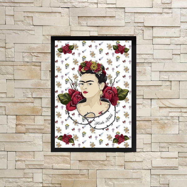 Quadro Frida Fundo Rosas Vermelhas 45x34cm Moldura:madeira Pr