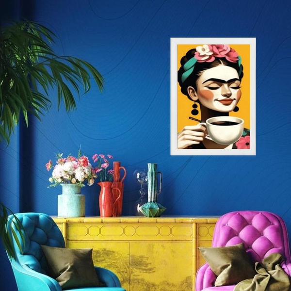 Quadro Frida Tomando Café 33x24cm - Com Vidro Moldura:madeira