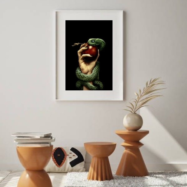 Quadro Fruto Proibido- Serpente Maçã 45x34cm - Com Vidro Mold
