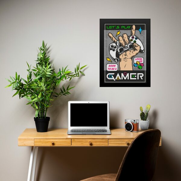 Quadro Gamer - Born To Be A Gamer 24x18cm - Com Vidro Moldura