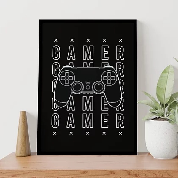 Quadro Gamer Console Preto E Branco 33x24cm - Com Vidro Moldu