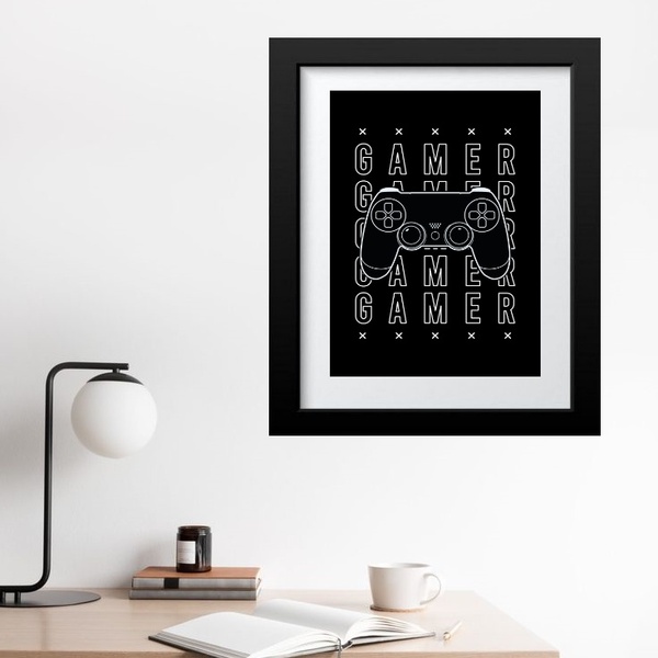 Quadro Gamer Controle Preto E Branco - 60x48cm Moldura:madeir