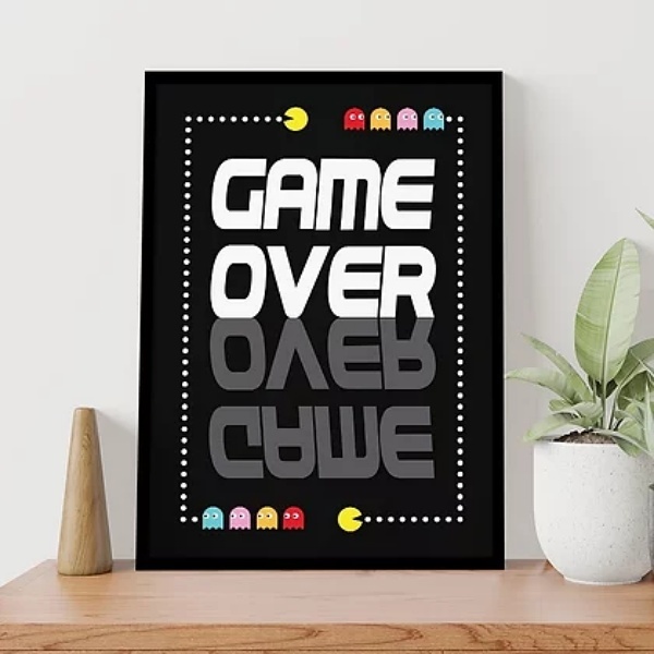 Quadro Gamer Game Over 45x34cm Moldura:madeira Branca