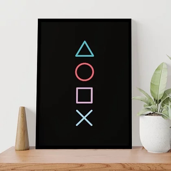 Quadro Gamer Símbolos Vídeo Game 45x34cm Moldura:madeira Preta