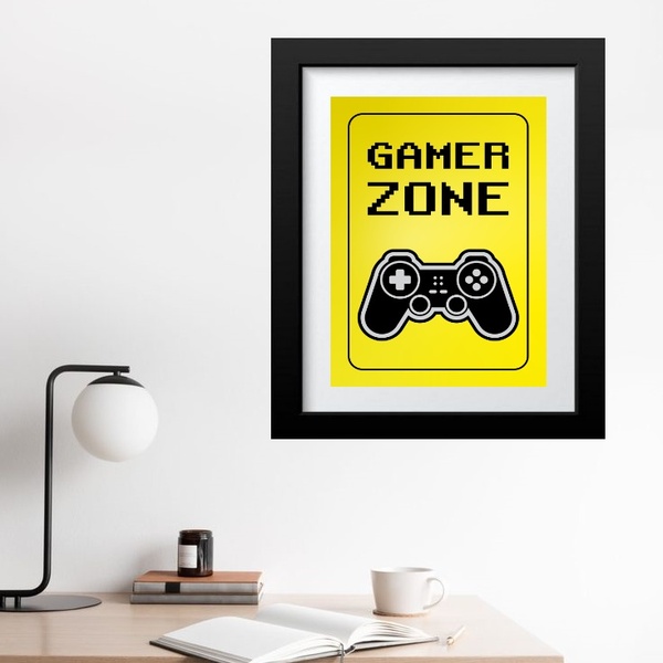 Quadro Gamer Zone Amarelo - 60x48cm Moldura:madeira Branca