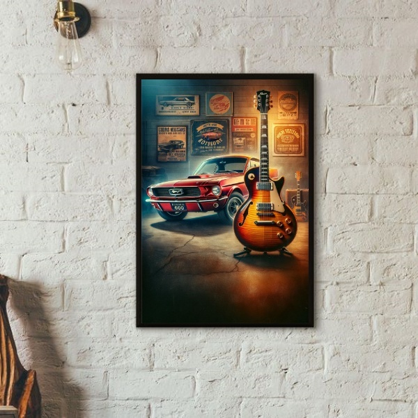 Quadro Garagem - Guitarra E Carro 33x24cm - Com Vidro Moldura