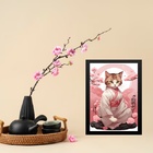 Quadro Gatinha Oriental De Kimono 45x34cm Moldura Preta