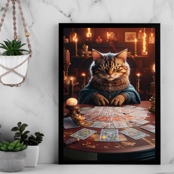 Quadro Gatinha Taróloga - Cartomante 24x18cm Moldura Preta