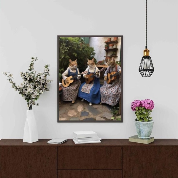 Quadro Gatinhas Tocando Violão 33x24cm - Com Vidro Moldura Br