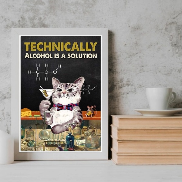 Quadro Gatinho Alcool É A Solução 45x34cm - Com Vidro Moldura