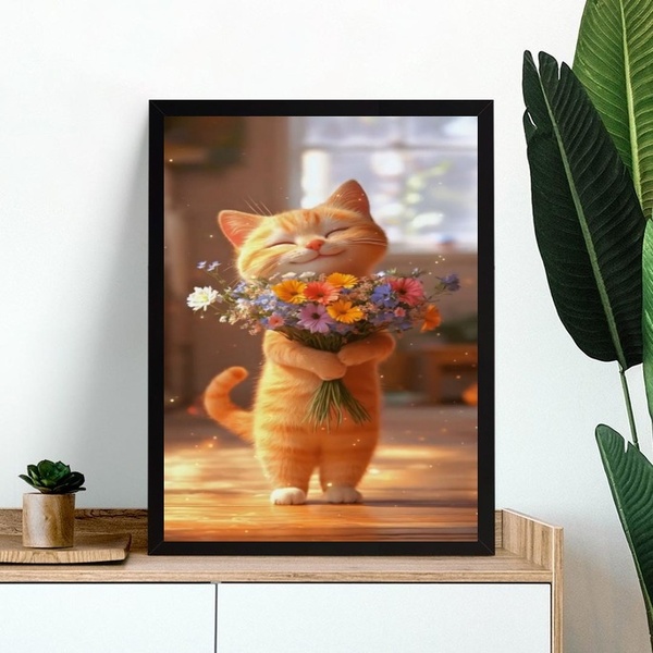 Quadro Gatinho Baby Com Buquê De Flores 24x18cm Moldura Preta
