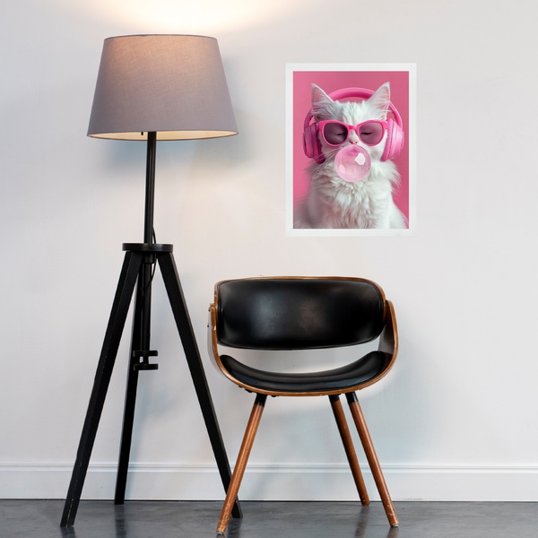 Quadro Gatinho Bubble Gum - Pink 45x34cm Moldura Preta