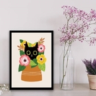 Quadro Gatinho Com Vaso De Flores 33x24cm - Com Vidro Moldura
