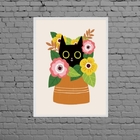 Quadro Gatinho Com Vaso De Flores 45x34cm Moldura:madeira Pre