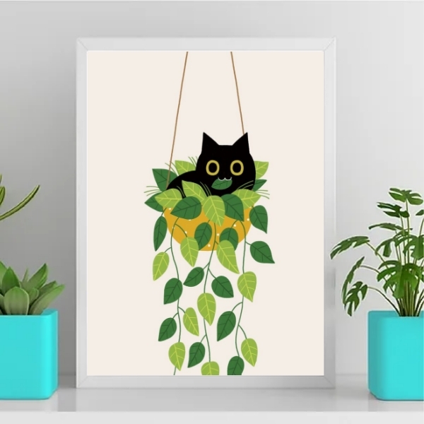 Quadro Gatinho No Vaso De Planta 24x18cm - Com Vidro Moldura: