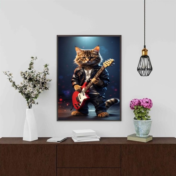 Quadro Gatinho Roqueiro - Guitarra 33x24cm - Com Vidro Moldur