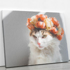 Quadro Gato Branco Com Coroa De Flores Canvas 60x40cm