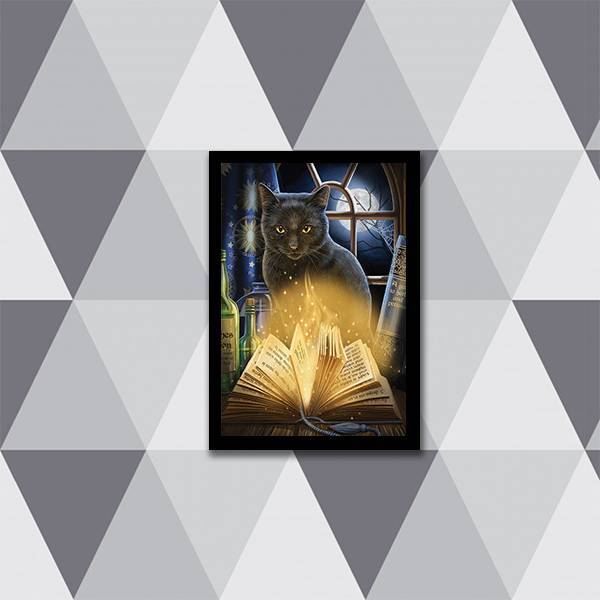 Quadro Gato Bruxo Com Livro 24x18cm - Com Vidro Moldura:madei