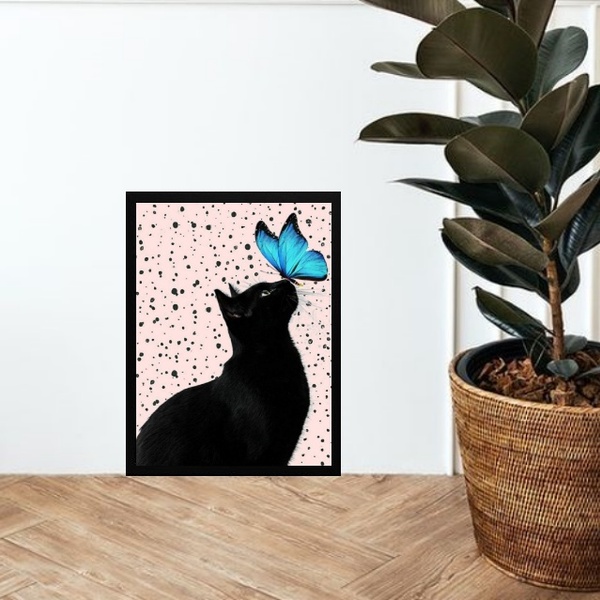 Quadro Gato Com Borboleta Azul 33x24cm - Com Vidro Moldura:ma