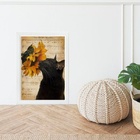 Quadro Gato Com Girassol 33x24cm - Com Vidro Moldura:madeira