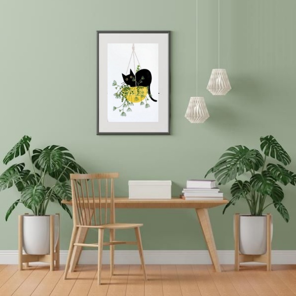 Quadro Gato E Plantas - 60x48cm Moldura:madeira Preta