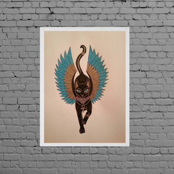 Quadro Gato Egípcio Bastet 24x18cm - Com Vidro Moldura:madeir