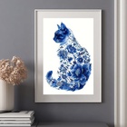 Quadro Gato Floral Azul - 60x48cm Moldura Branca