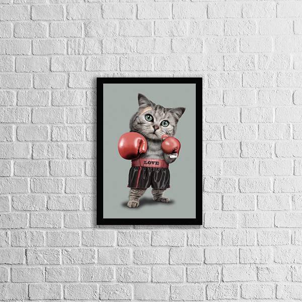 Quadro Gato Lutador De Boxe 33x24cm - Com Vidro Moldura:madei