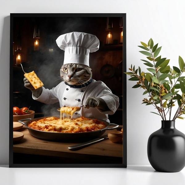 Quadro Gato Na Cozinha - Chef 24x18cm - Com Vidro Moldura Bra