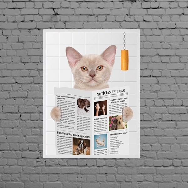 Quadro Gato No Banheiro Com Jornal 24x18cm Moldura:madeira Br