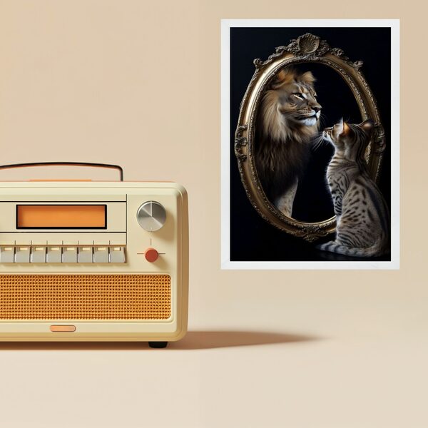 Quadro Gato Olhando Espelho Vendo Leão 24x18cm Moldura Preta