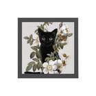 Quadro Gato Preto Com Flores 20x20cm Moldura:madeira Preta