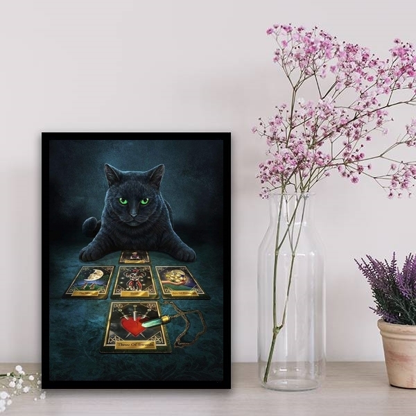 Quadro Gato Preto Com Tarot 45x34cm - Com Vidro Moldura:madei