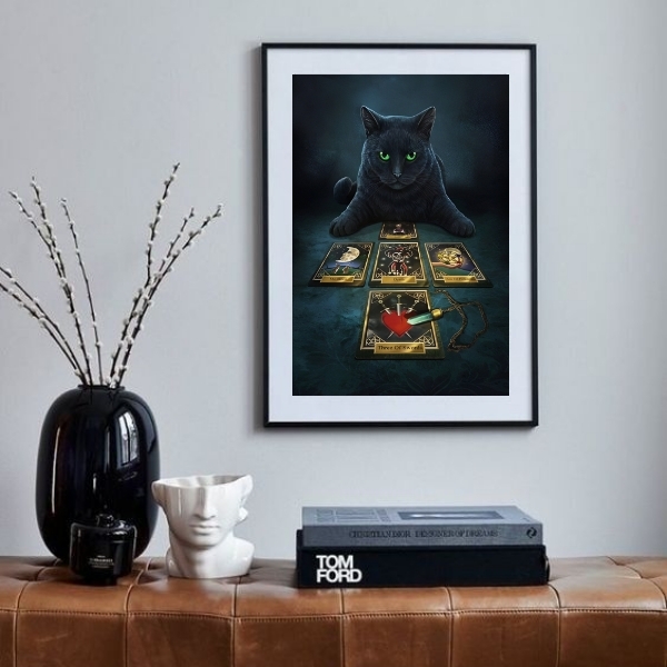 Quadro Gato Preto Com Tarot - 60x48cm Moldura:madeira Preta