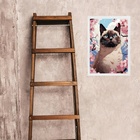 Quadro Gato Siamês Flores Cerejeira 24x18cm - Com Vidro Moldu