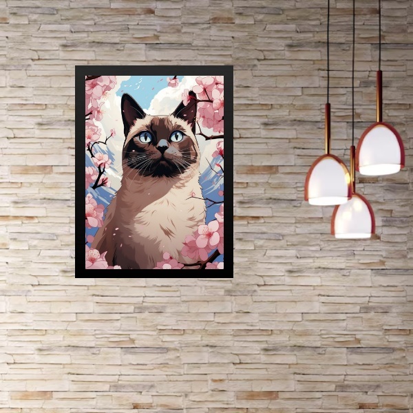 Quadro Gato Siamês Flores Cerejeira 45x34cm Moldura Branca