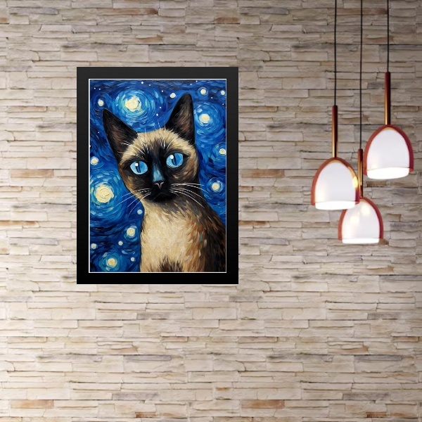 Quadro Gato Siamês Noite Estrelada 45x34cm - Com Vidro Moldur