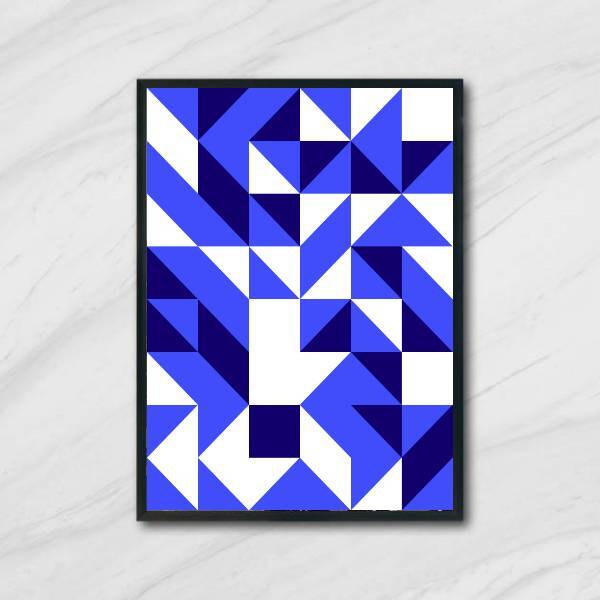 Quadro Geométrico Azul E Branco Ii 45x34cm - Com Vidro Moldur