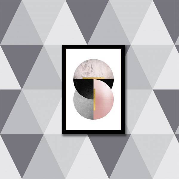 Quadro Geométrico Círculos Preto, Cinza E Rosa 24x18cm - Com