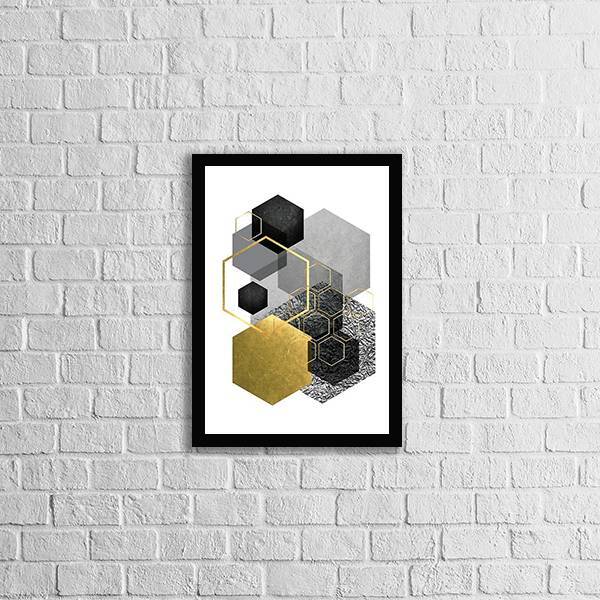Quadro Geométrico Hexágonos Cinza E Preto 45x34cm - Com Vidro