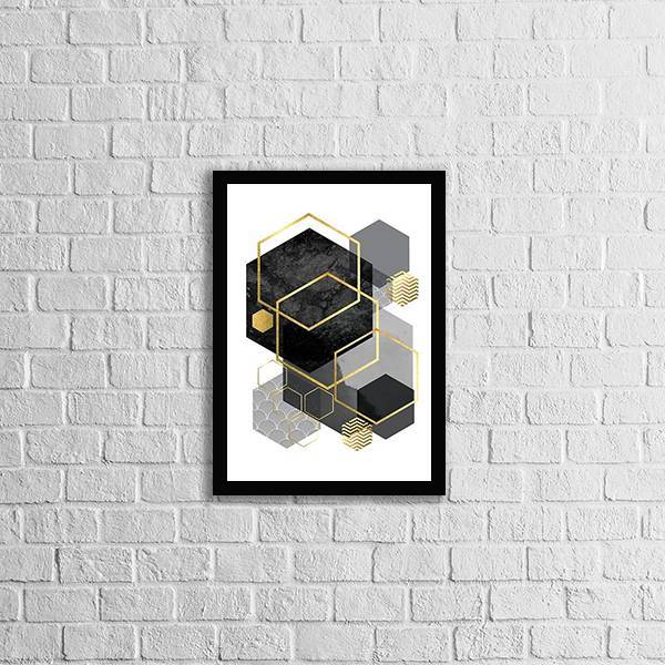 Quadro Geométrico Hexágonos Preto E Cinza 45x34cm - Com Vidro