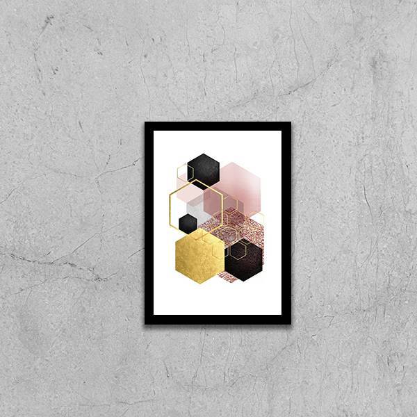 Quadro Geométrico Hexágonos Preto E Dourado 45x34cm - Com Vid