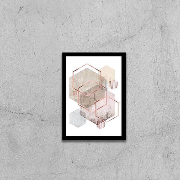 Quadro Geométrico Hexágonos Rosinhas 45x34cm - Com Vidro Mold