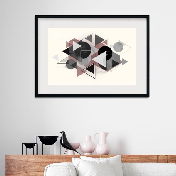 Quadro Geométrico Suave Cinza E Magenta - 60x48cm Moldura:mad