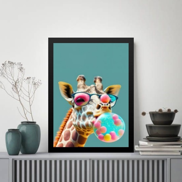 Quadro Girafa Colorida Bubble Gum 33x24cm Moldura Branca