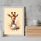 Quadro Girafa Com Café - Aquarela 24x18cm - Com Vidro Moldura