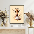 Quadro Girafa Com Café - Aquarela 33x24cm Moldura:madeira Pre