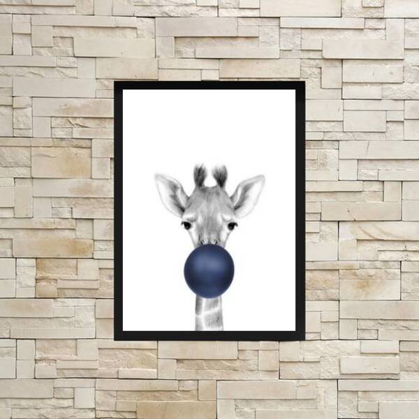 Quadro Girafa Com Chiclete Azul Marinho 33x24cm - Com Vidro M